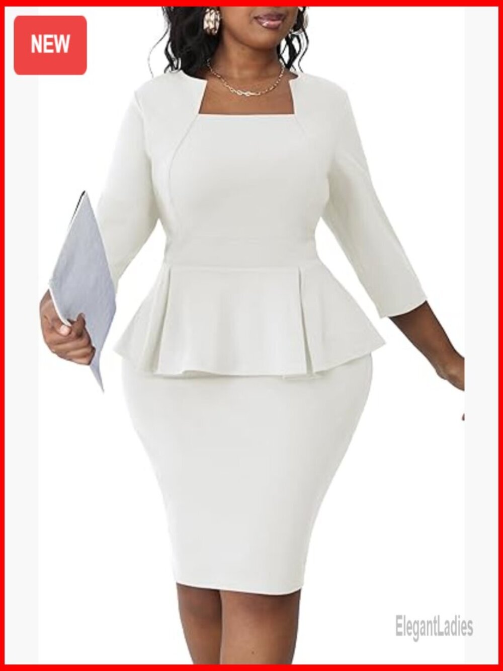 Plus Size Peplum Midi Dress 3/4 Sleeve Bodycon Work Church